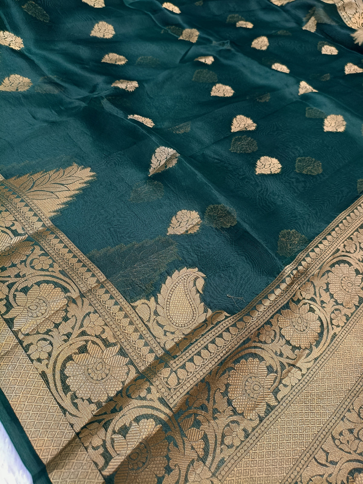 Bottle Green Shade Handwoven Reshmi Kora Organza Banarasi