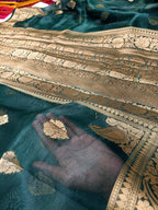 Bottle Green Shade Handwoven Reshmi Kora Organza Banarasi
