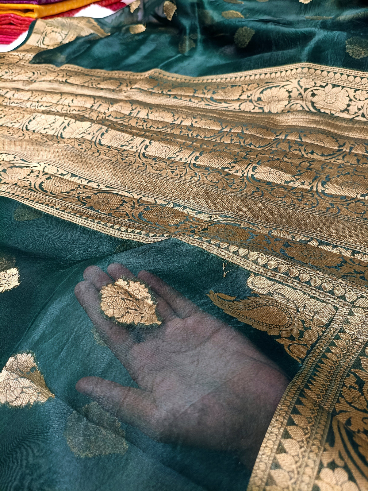 Bottle Green Shade Handwoven Reshmi Kora Organza Banarasi