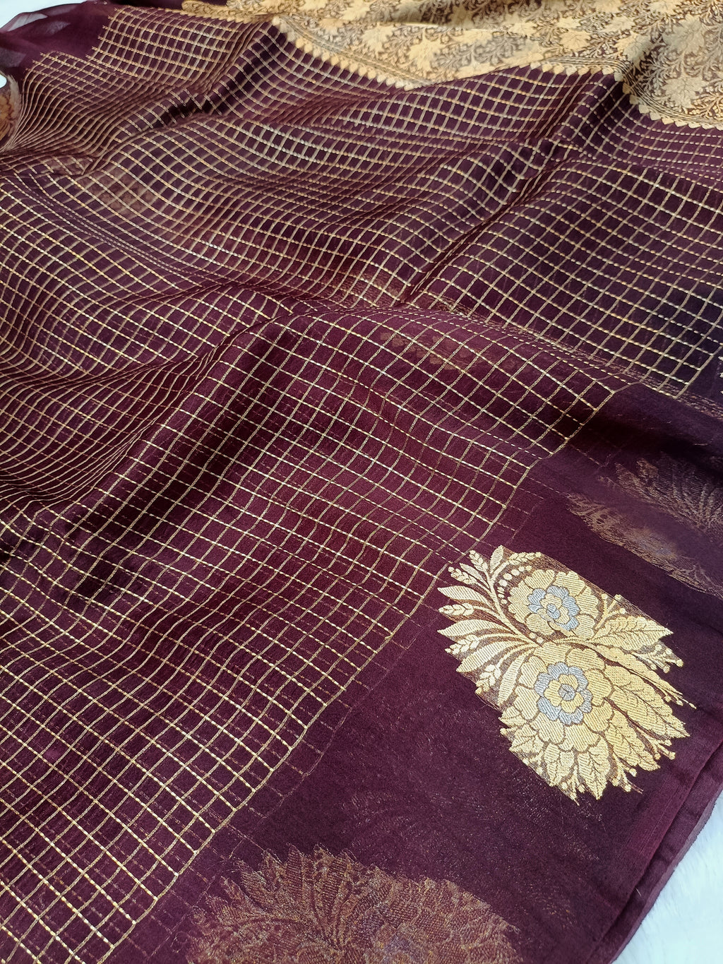 Wine Shade Handwoven Reshmi Kora Organza Banarasi