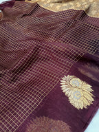 Wine Shade Handwoven Reshmi Kora Organza Banarasi