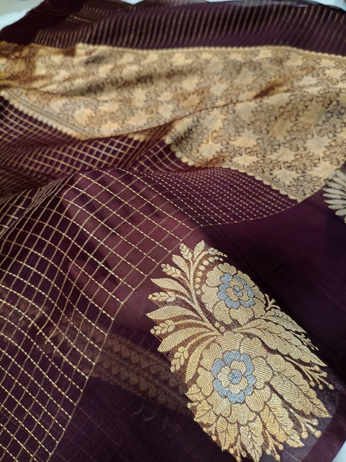 Wine Shade Handwoven Reshmi Kora Organza Banarasi