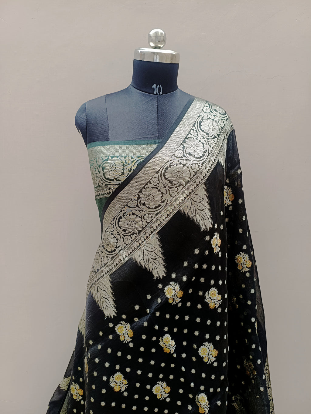 Black Shade Handwoven Reshmi Kora Organza Banarasi