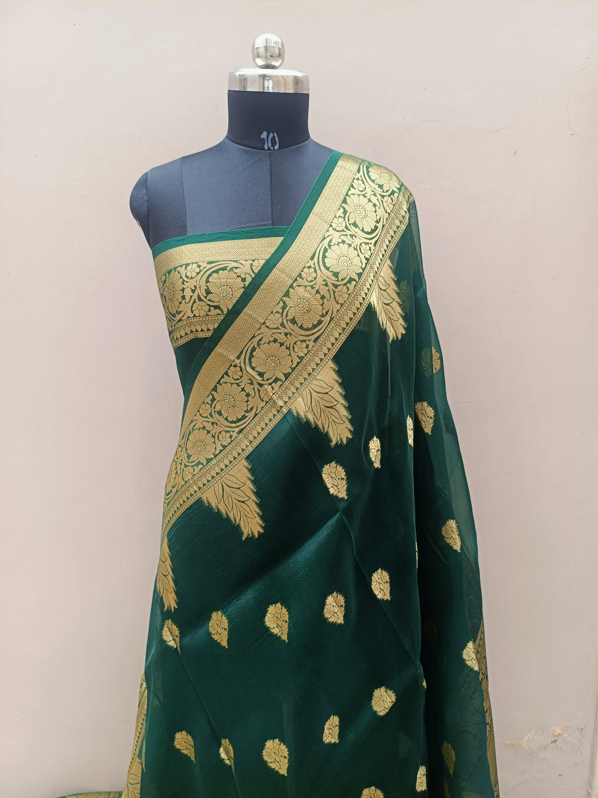 Bottle Green Shade Handwoven Reshmi Kora Organza Banarasi