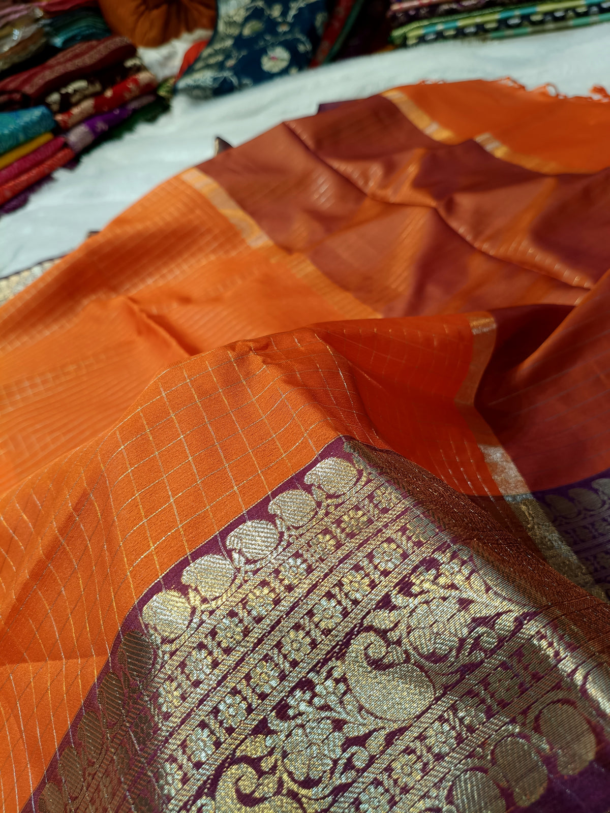 Orange with Wine Shade Soft Silk Check Banarasi