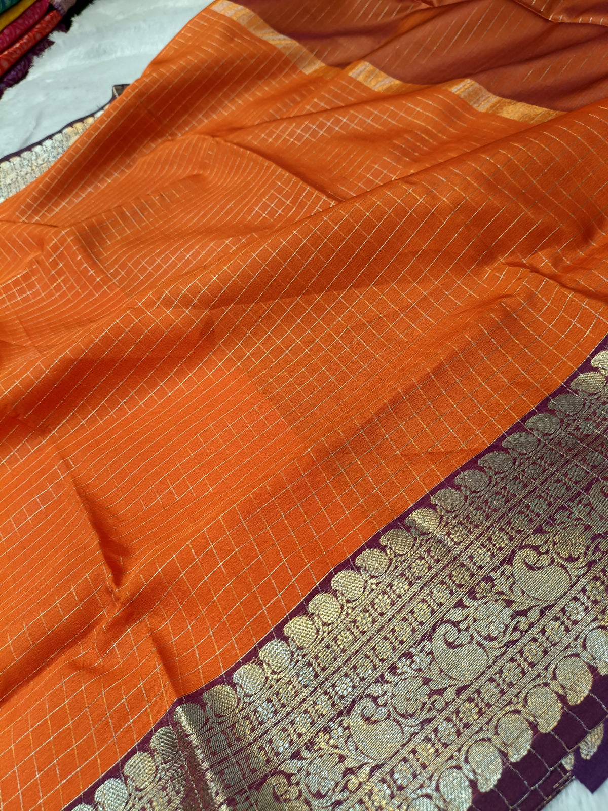 Orange with Wine Shade Soft Silk Check Banarasi