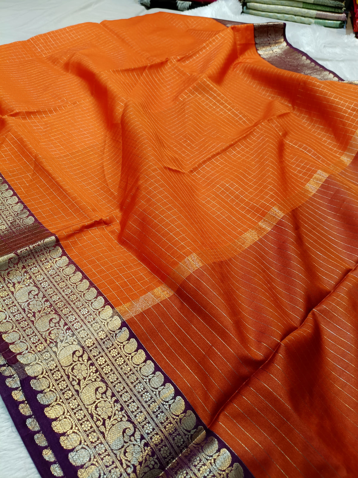 Orange with Wine Shade Soft Silk Check Banarasi
