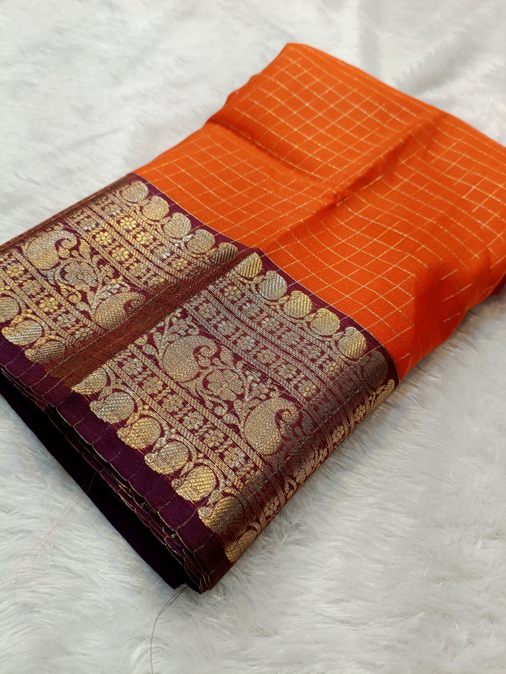 Orange with Wine Shade Soft Silk Check Banarasi