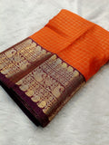 Orange with Wine Shade Soft Silk Check Banarasi