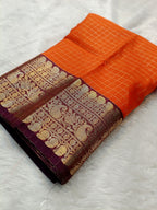 Orange with Wine Shade Soft Silk Check Banarasi