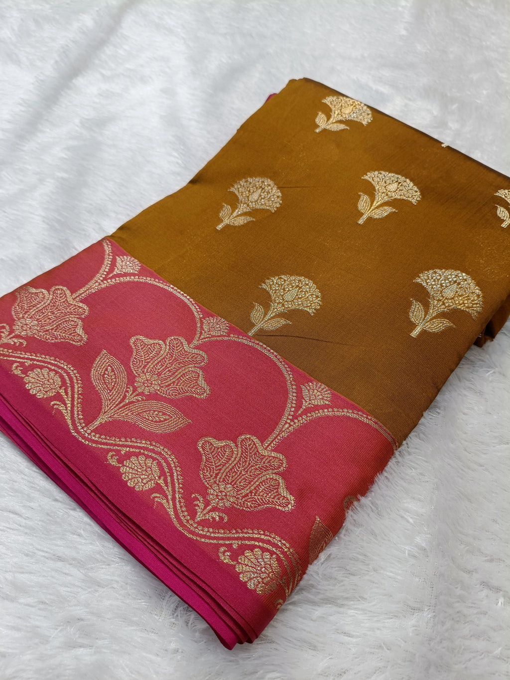 Mustard With Rani Pink Pure Paper Kataan Silk Saree