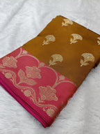 Mustard With Rani Pink Pure Paper Kataan Silk Saree