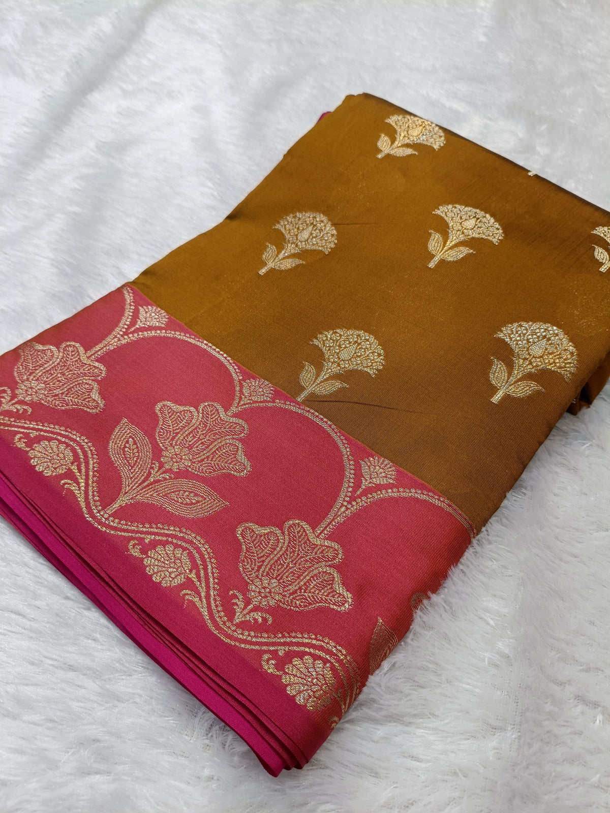 Mustard With Rani Pink Pure Paper Kataan Silk Saree
