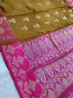 Mustard With Rani Pink Pure Paper Kataan Silk Saree
