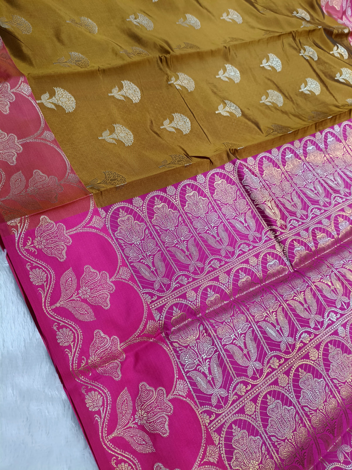 Mustard With Rani Pink Pure Paper Kataan Silk Saree