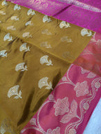 Mustard With Rani Pink Pure Paper Kataan Silk Saree