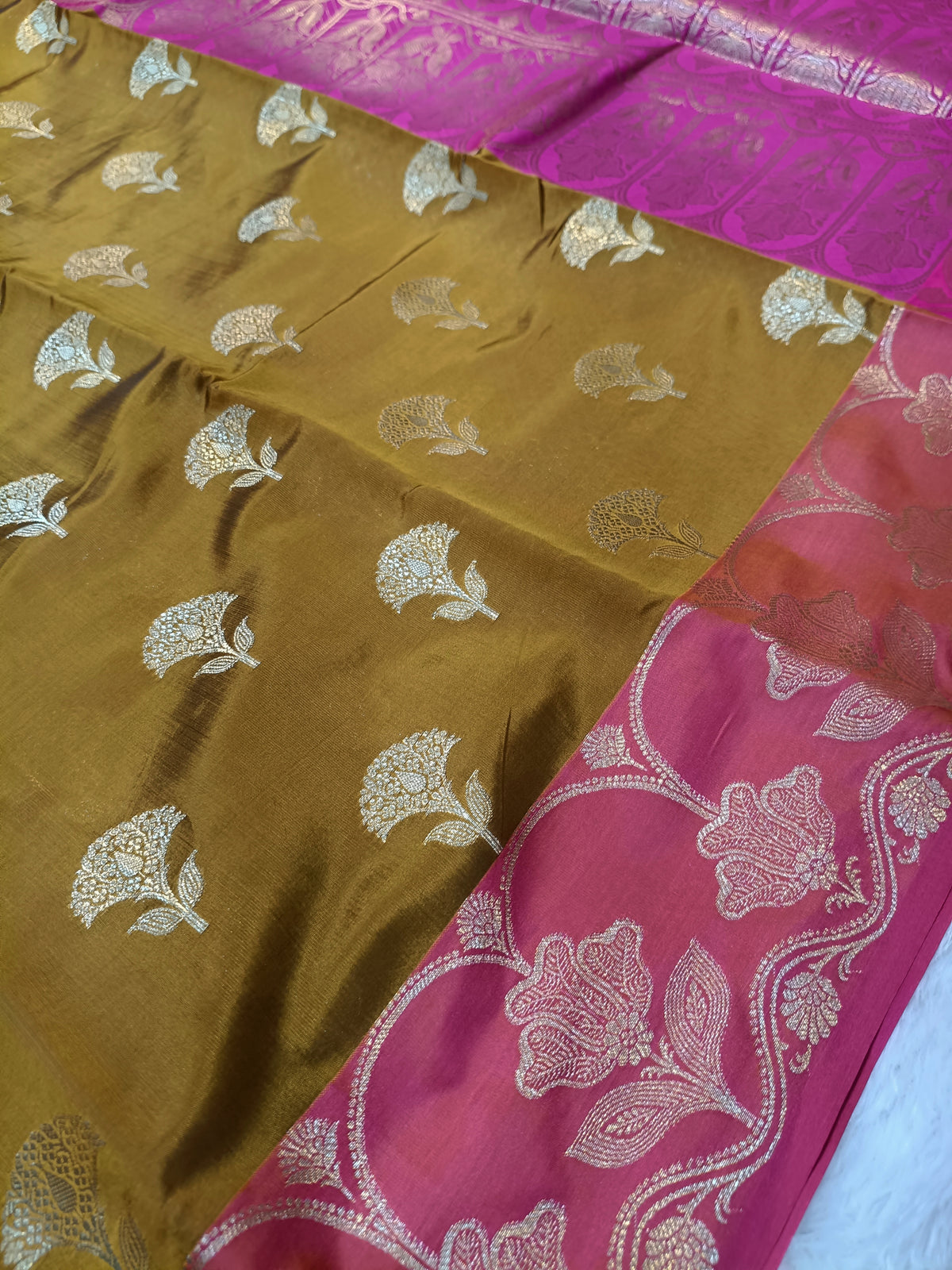 Mustard With Rani Pink Pure Paper Kataan Silk Saree
