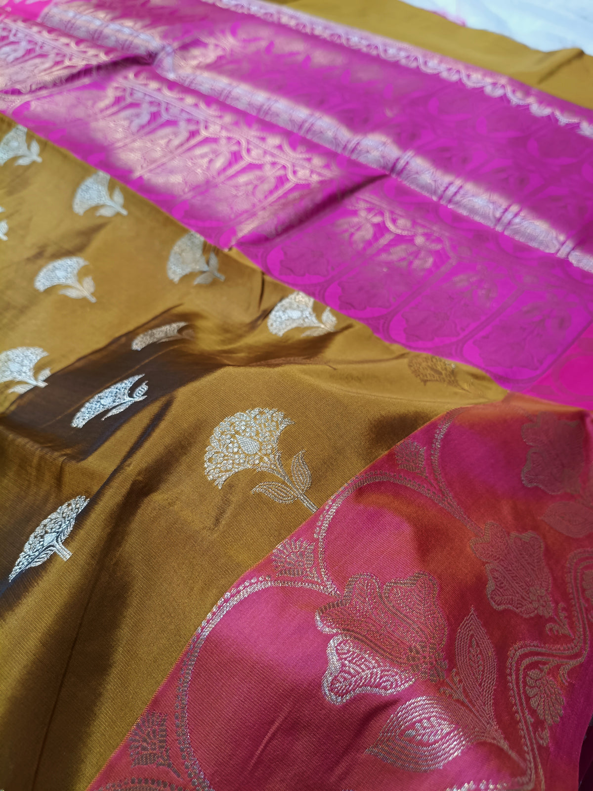Mustard With Rani Pink Pure Paper Kataan Silk Saree