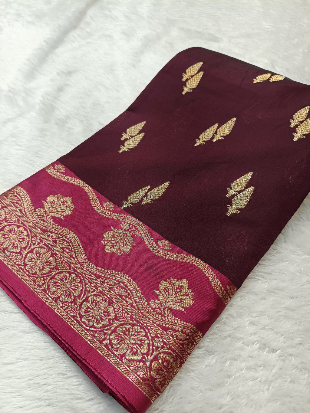Wine with Rani Pink Shade Pure Paper Kataan Silk Saree
