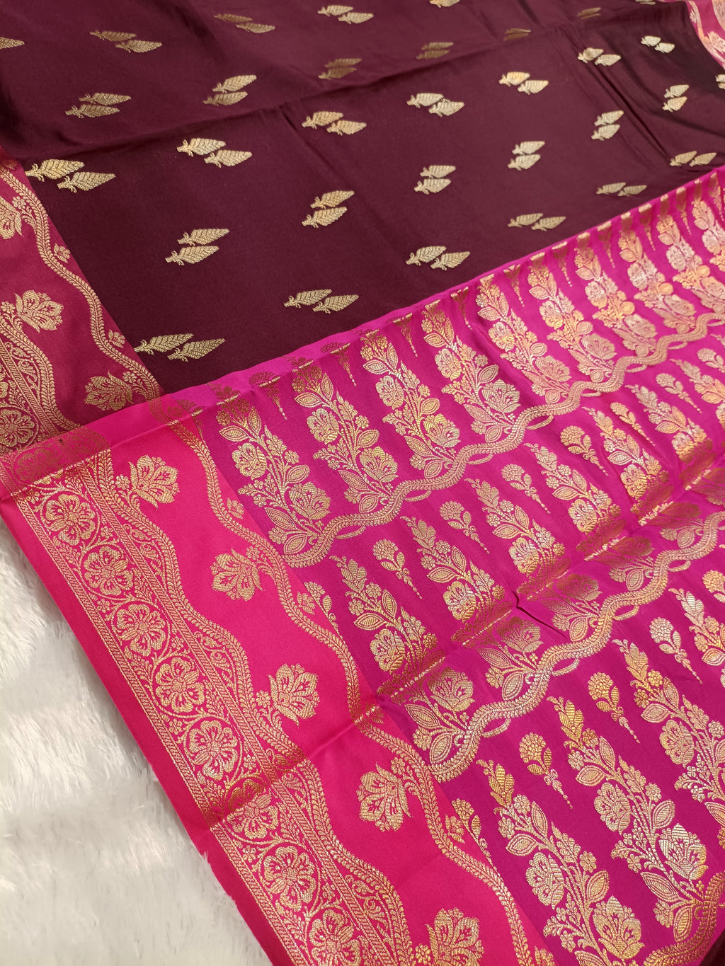 Wine with Rani Pink Shade Pure Paper Kataan Silk Saree