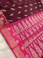 Wine with Rani Pink Shade Pure Paper Kataan Silk Saree