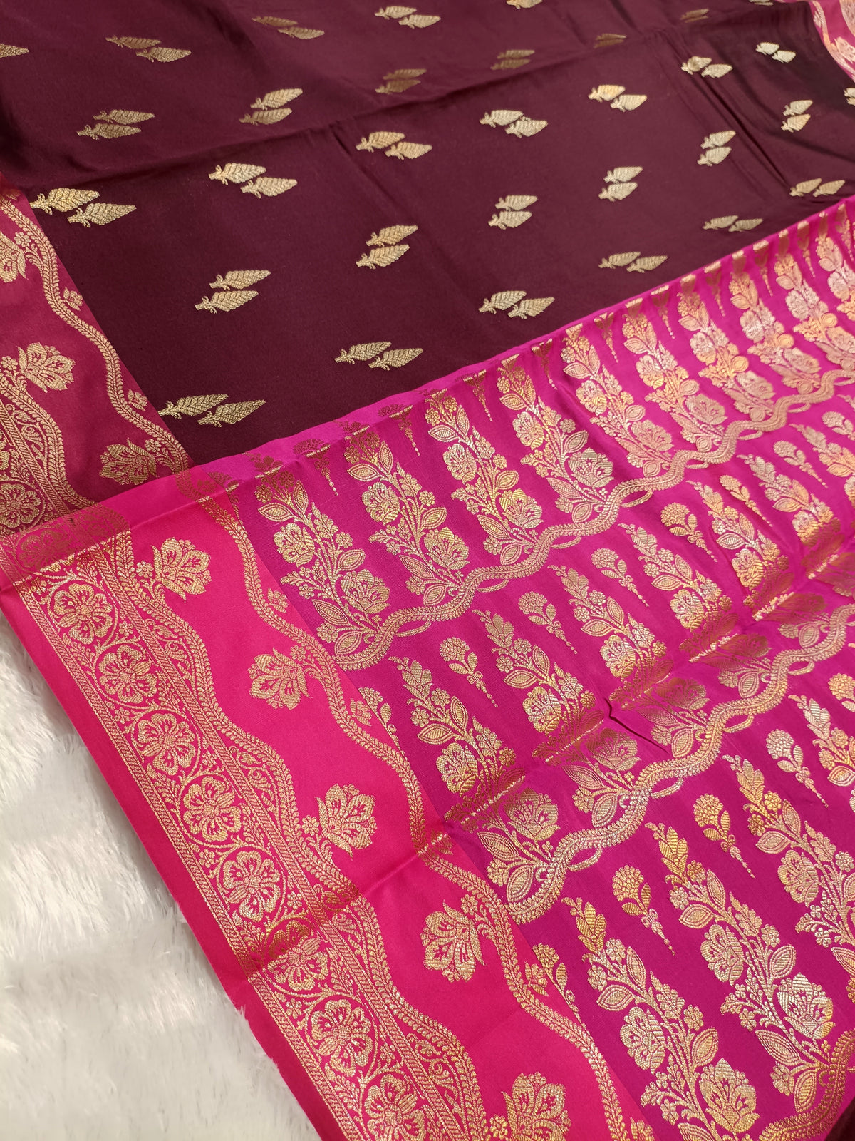 Wine with Rani Pink Shade Pure Paper Kataan Silk Saree