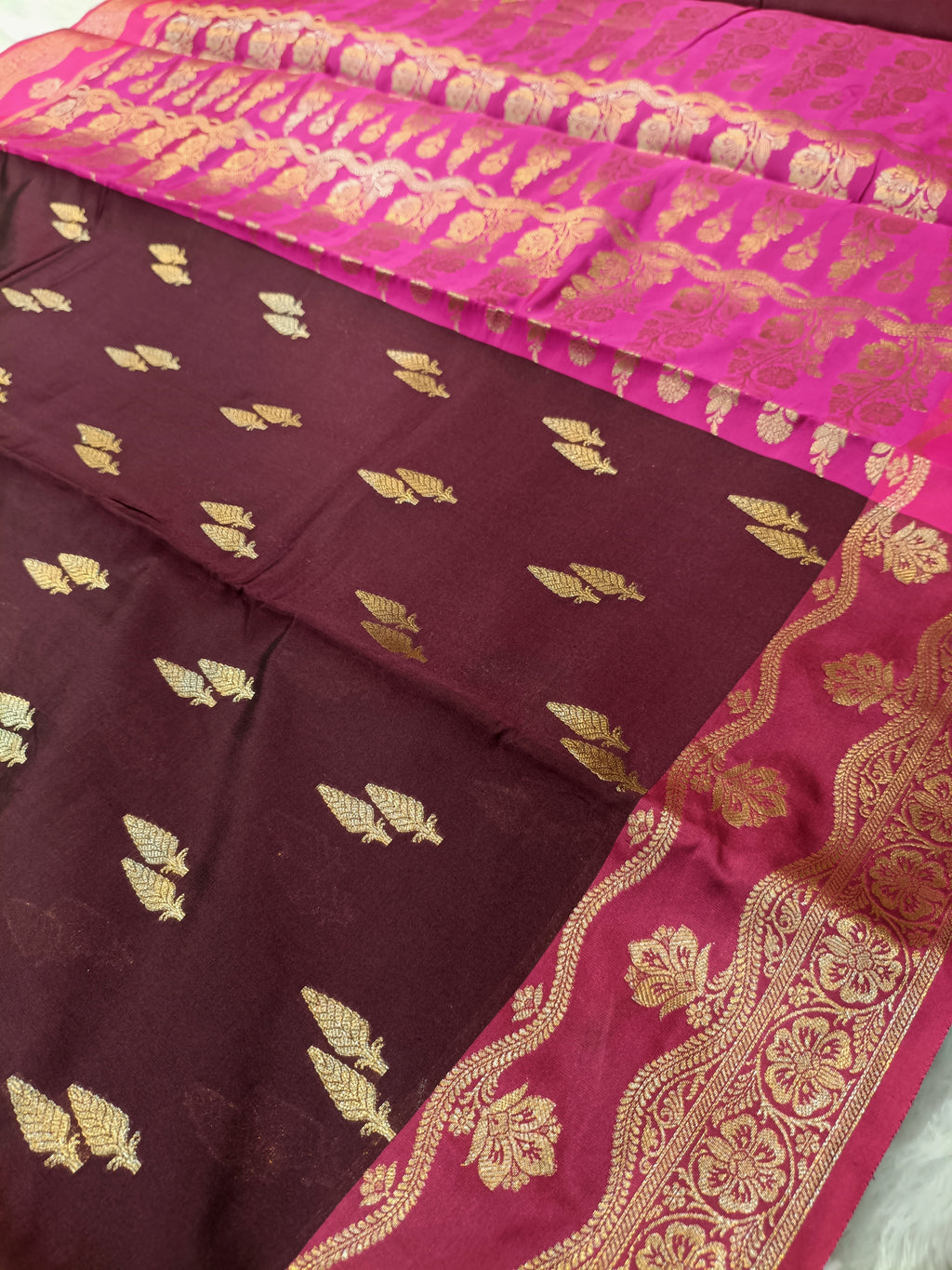 Wine with Rani Pink Shade Pure Paper Kataan Silk Saree