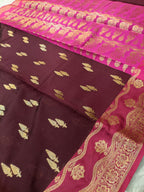Wine with Rani Pink Shade Pure Paper Kataan Silk Saree