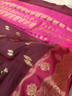 Wine with Rani Pink Shade Pure Paper Kataan Silk Saree