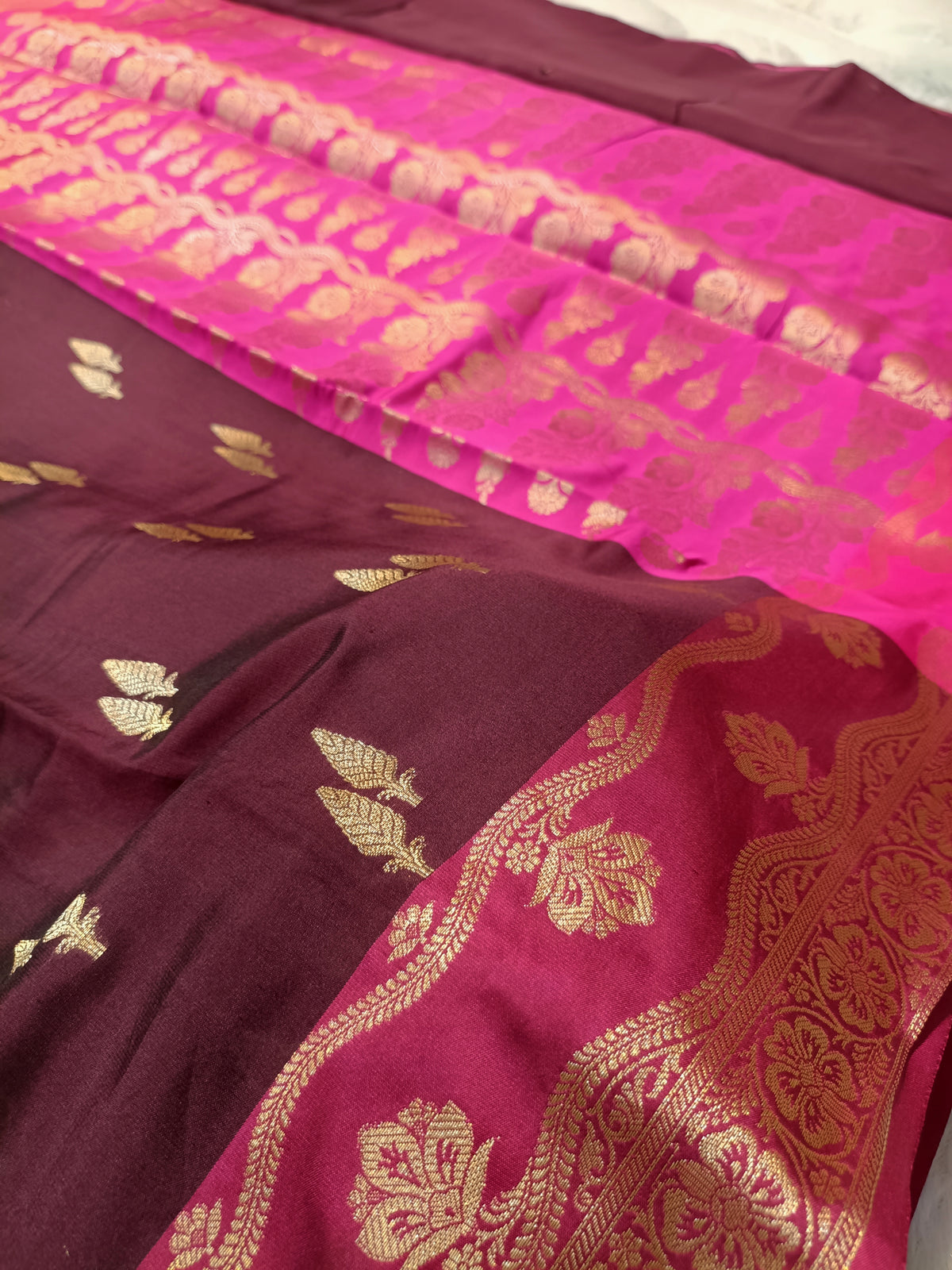 Wine with Rani Pink Shade Pure Paper Kataan Silk Saree