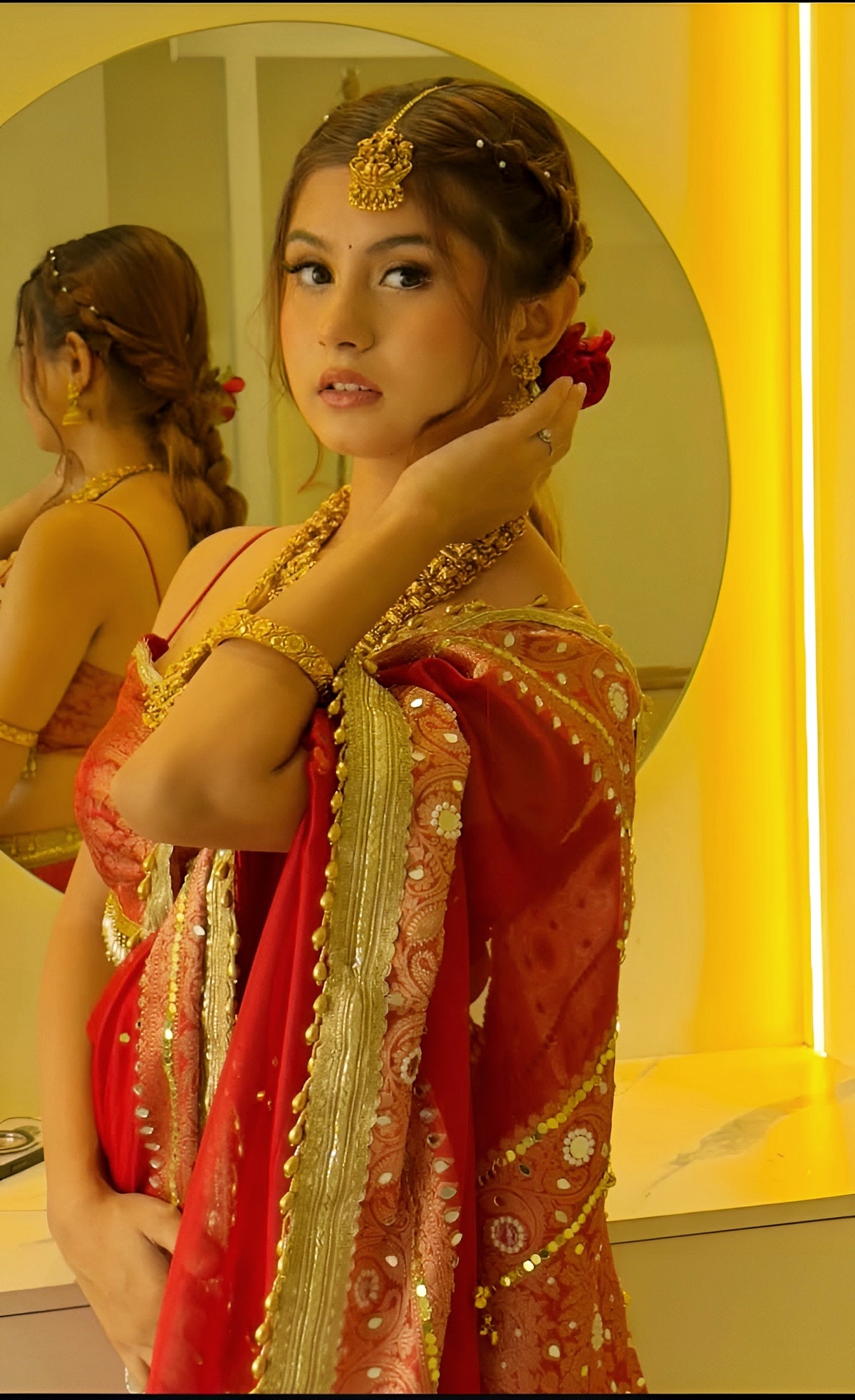 (Pre-Order) Viral Bridal Red Shade Pure Tissue Silk Ghungroo Saree