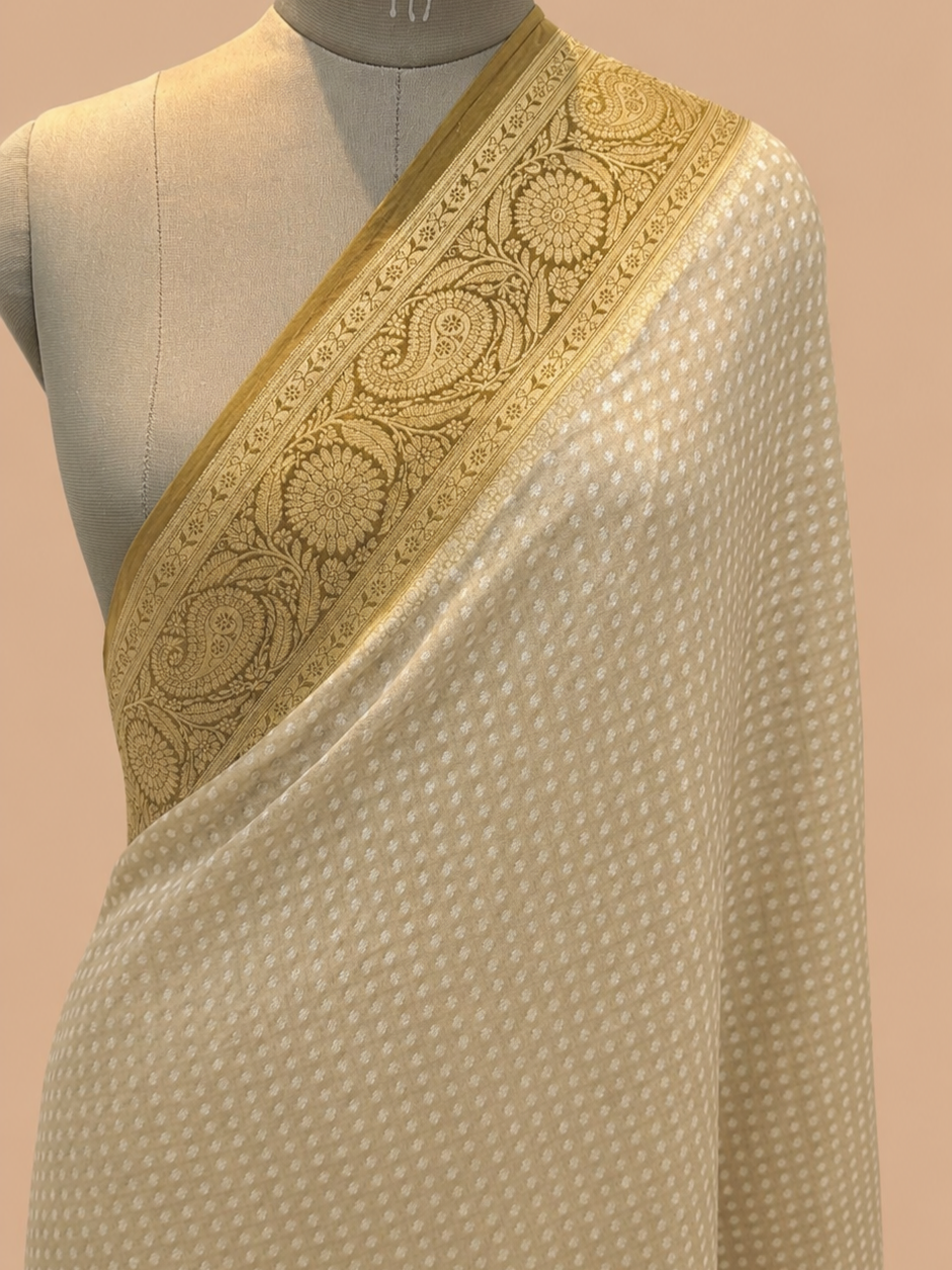 Beige with Gold Shade Handwoven Khaddi Chiffon Banarasi