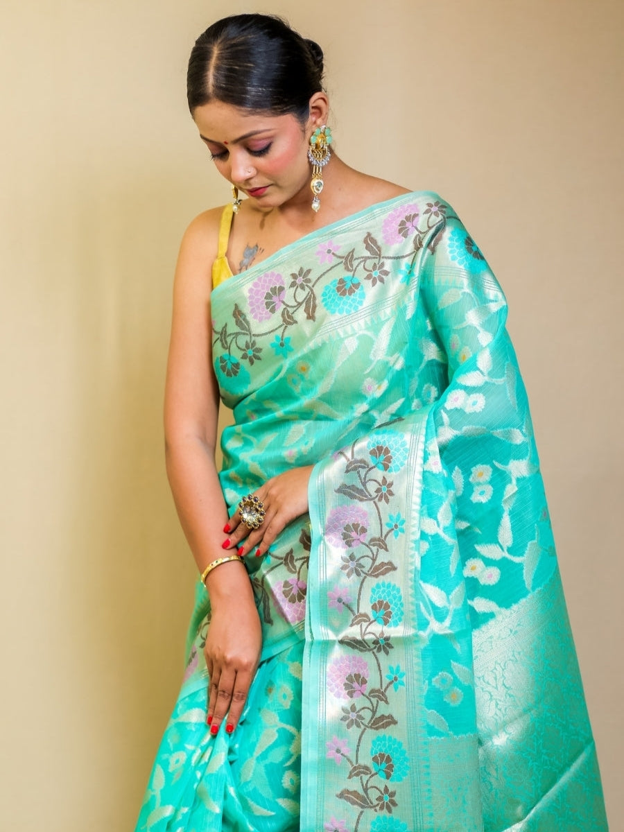 Sea Green Shade Mercerised Silk Paithani Border Saree
