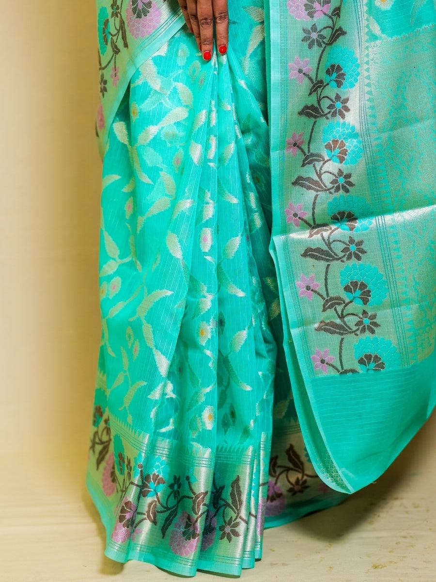 Sea Green Shade Mercerised Silk Paithani Border Saree