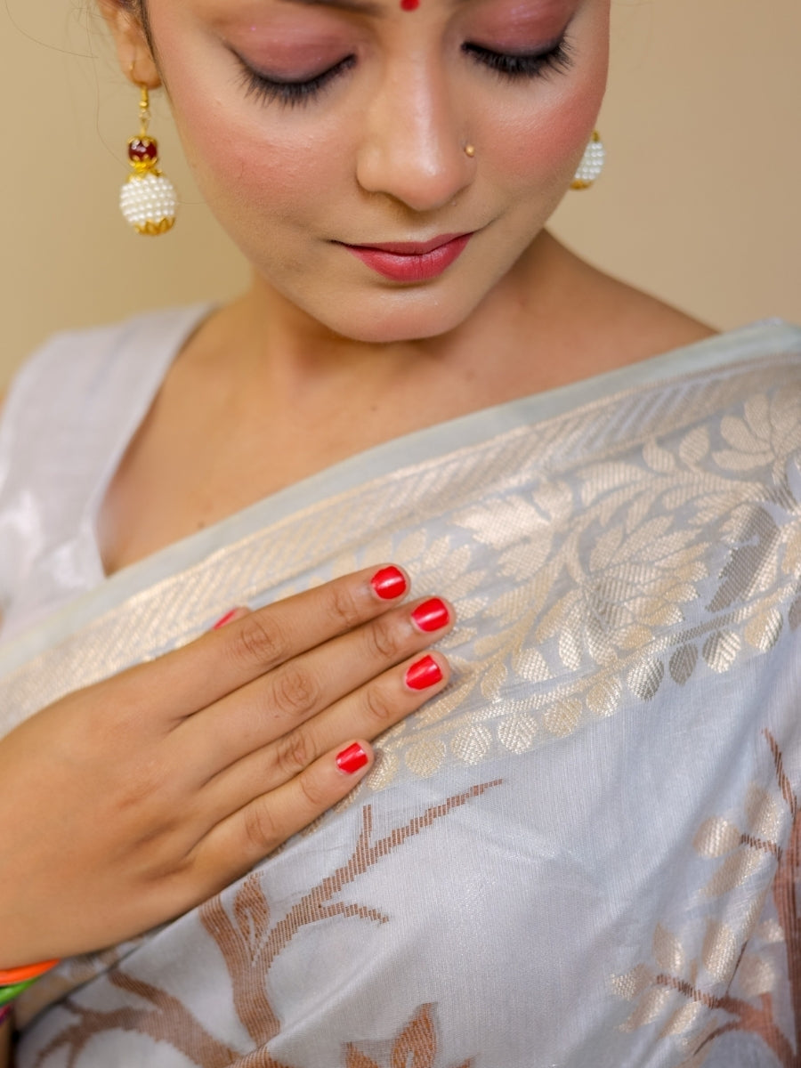 Ash Grey Shade Banarasi Pure Mul Cotton Silk Saree