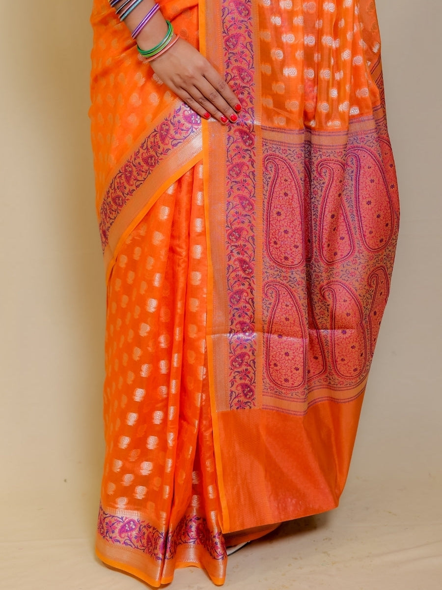 Cosmic Orange Shade Banarasi Georgette Silk Paithani Border