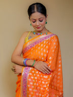 Cosmic Orange Shade Banarasi Georgette Silk Paithani Border