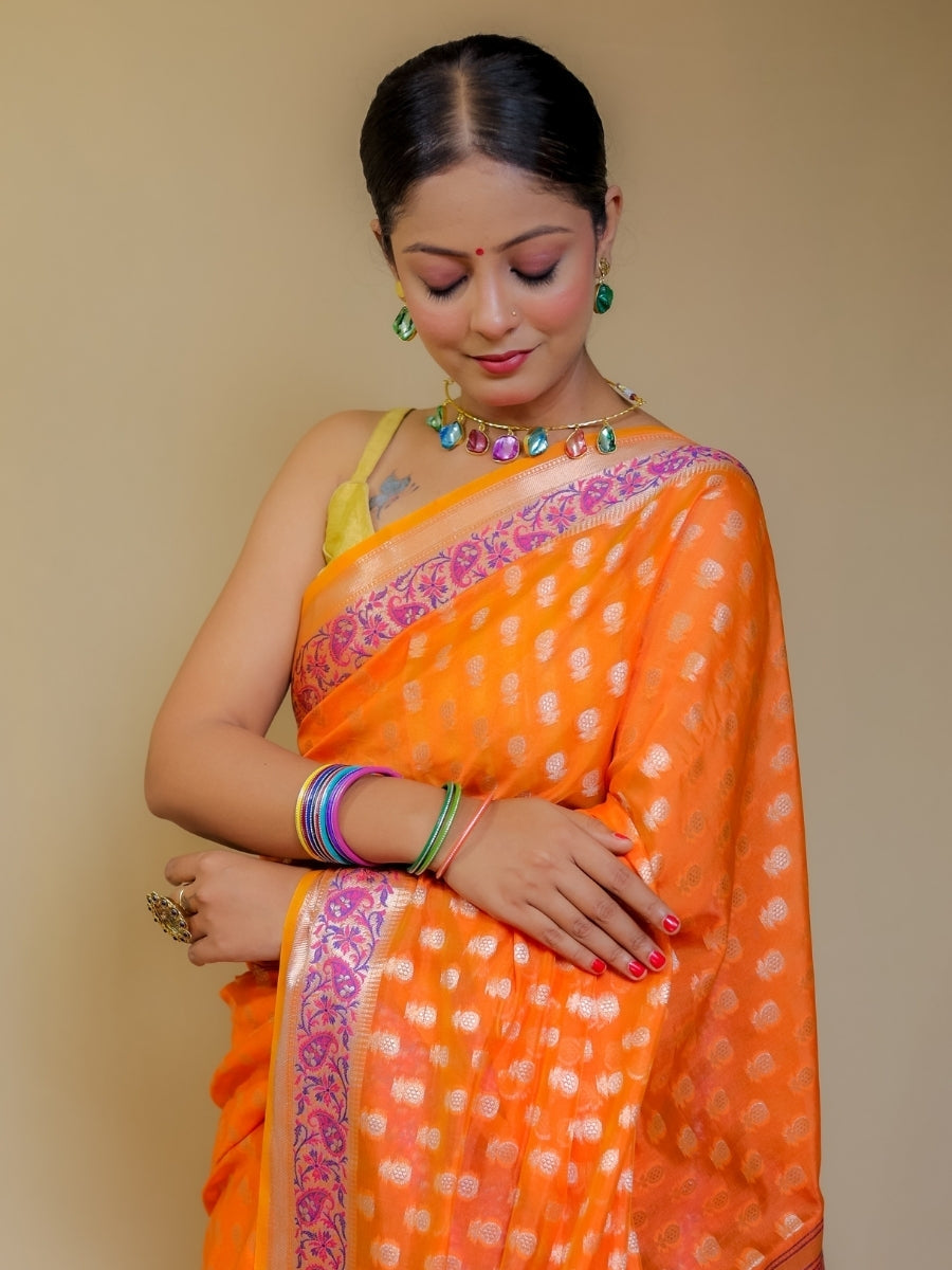 Cosmic Orange Shade Banarasi Georgette Silk Paithani Border