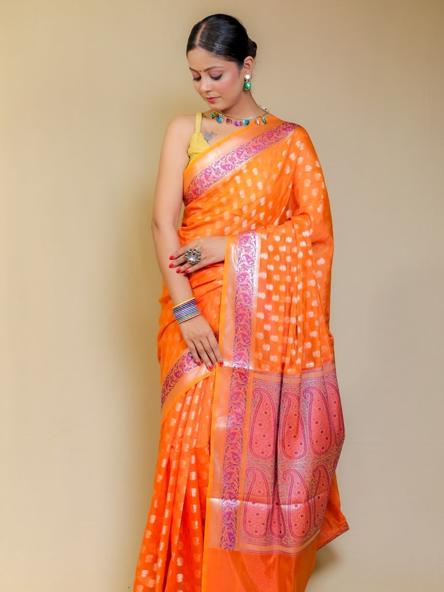 Cosmic Orange Shade Banarasi Georgette Silk Paithani Border