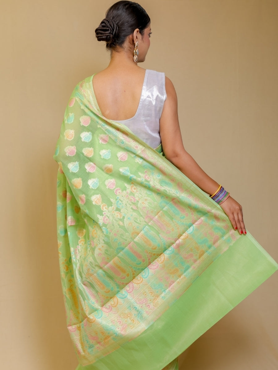 Pista Green Shade Banarasi Mercerised Silk Multi Meena Saree