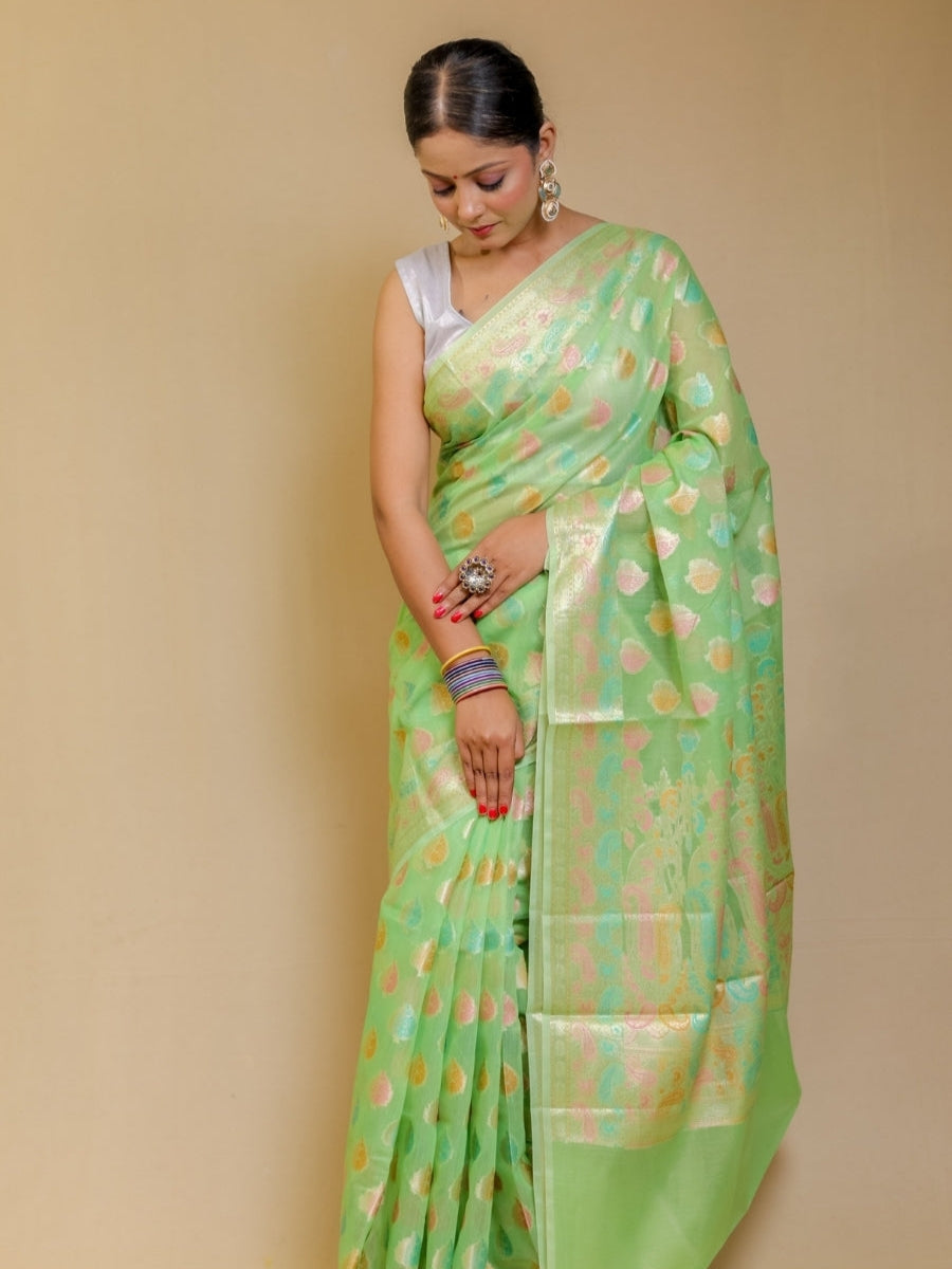 Pista Green Shade Banarasi Mercerised Silk Multi Meena Saree