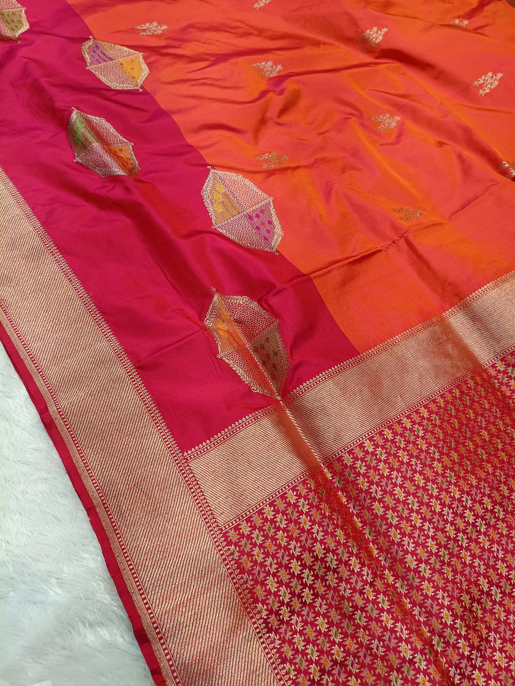 Orange Rani Pink Shade High Percentage Zari Weaving Handwoven Kataan Silk Saree