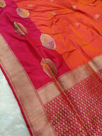 Orange Rani Pink Shade High Percentage Zari Weaving Handwoven Kataan Silk Saree