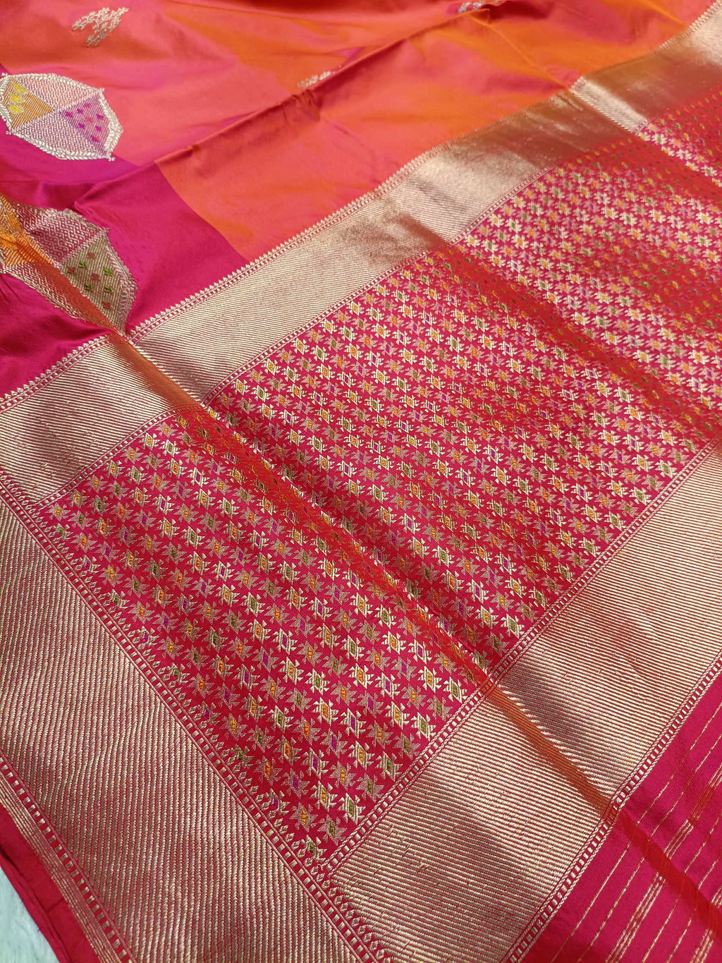 Orange Rani Pink Shade High Percentage Zari Weaving Handwoven Kataan Silk Saree