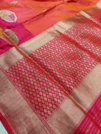 Orange Rani Pink Shade High Percentage Zari Weaving Handwoven Kataan Silk Saree