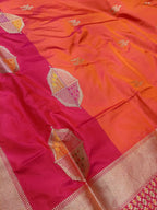Orange Rani Pink Shade High Percentage Zari Weaving Handwoven Kataan Silk Saree