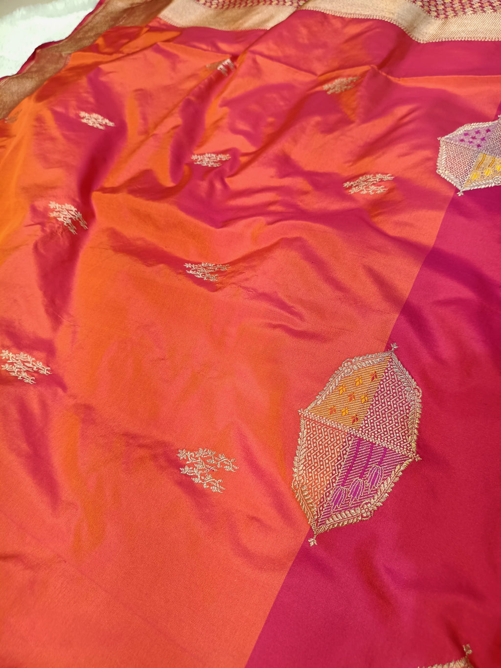 Orange Rani Pink Shade High Percentage Zari Weaving Handwoven Kataan Silk Saree