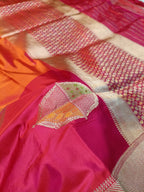 Orange Rani Pink Shade High Percentage Zari Weaving Handwoven Kataan Silk Saree