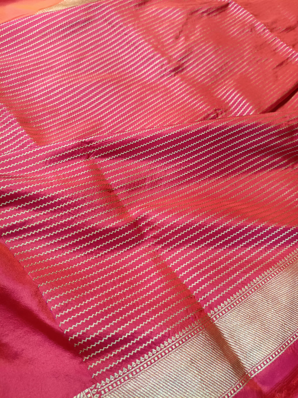 Orange Rani Pink Shade High Percentage Zari Weaving Handwoven Kataan Silk Saree