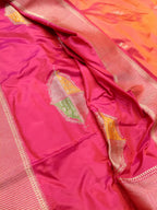 Orange Rani Pink Shade High Percentage Zari Weaving Handwoven Kataan Silk Saree